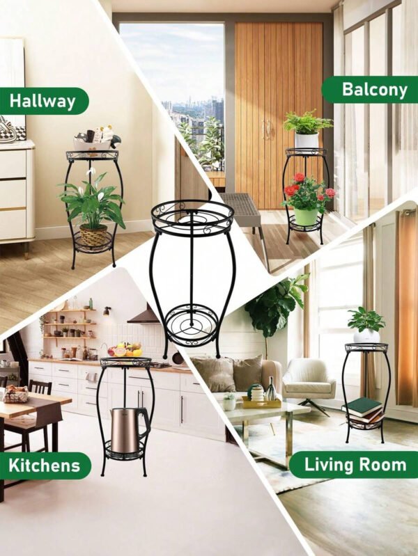 1 paquete de soporte para plantas para interior y exterior, soporte para plantas de metal negro resistente a la oxidación de 2 niveles alto, estante resistente para múltiples plantas, soporte para macetas de flores, estantería redonda resistente para plantas - Imagen 4
