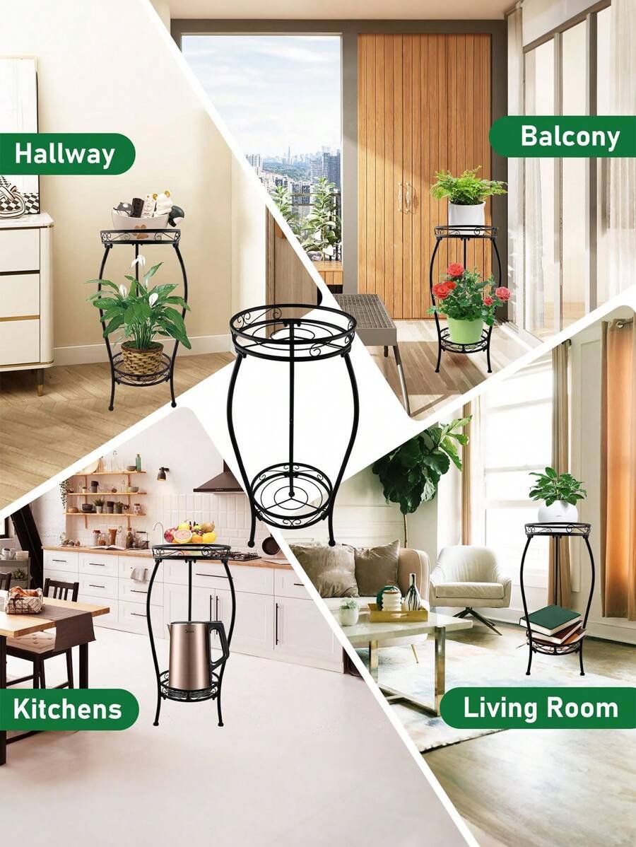 1 paquete de soporte para plantas para interior y exterior, soporte para plantas de metal negro resistente a la oxidación de 2 niveles alto, estante resistente para múltiples plantas, soporte para macetas de flores, estantería redonda resistente para plantas - Imagen 4