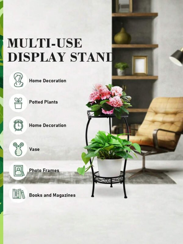 1 paquete de soporte para plantas para interior y exterior, soporte para plantas de metal negro resistente a la oxidación de 2 niveles alto, estante resistente para múltiples plantas, soporte para macetas de flores, estantería redonda resistente para plantas - Imagen 5
