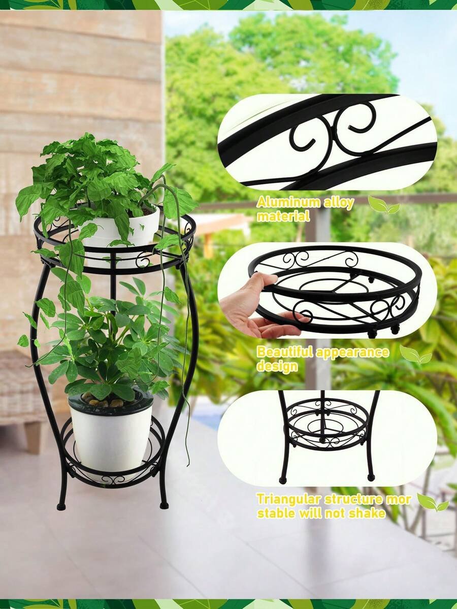 1 paquete de soporte para plantas para interior y exterior, soporte para plantas de metal negro resistente a la oxidación de 2 niveles alto, estante resistente para múltiples plantas, soporte para macetas de flores, estantería redonda resistente para plantas - Imagen 6