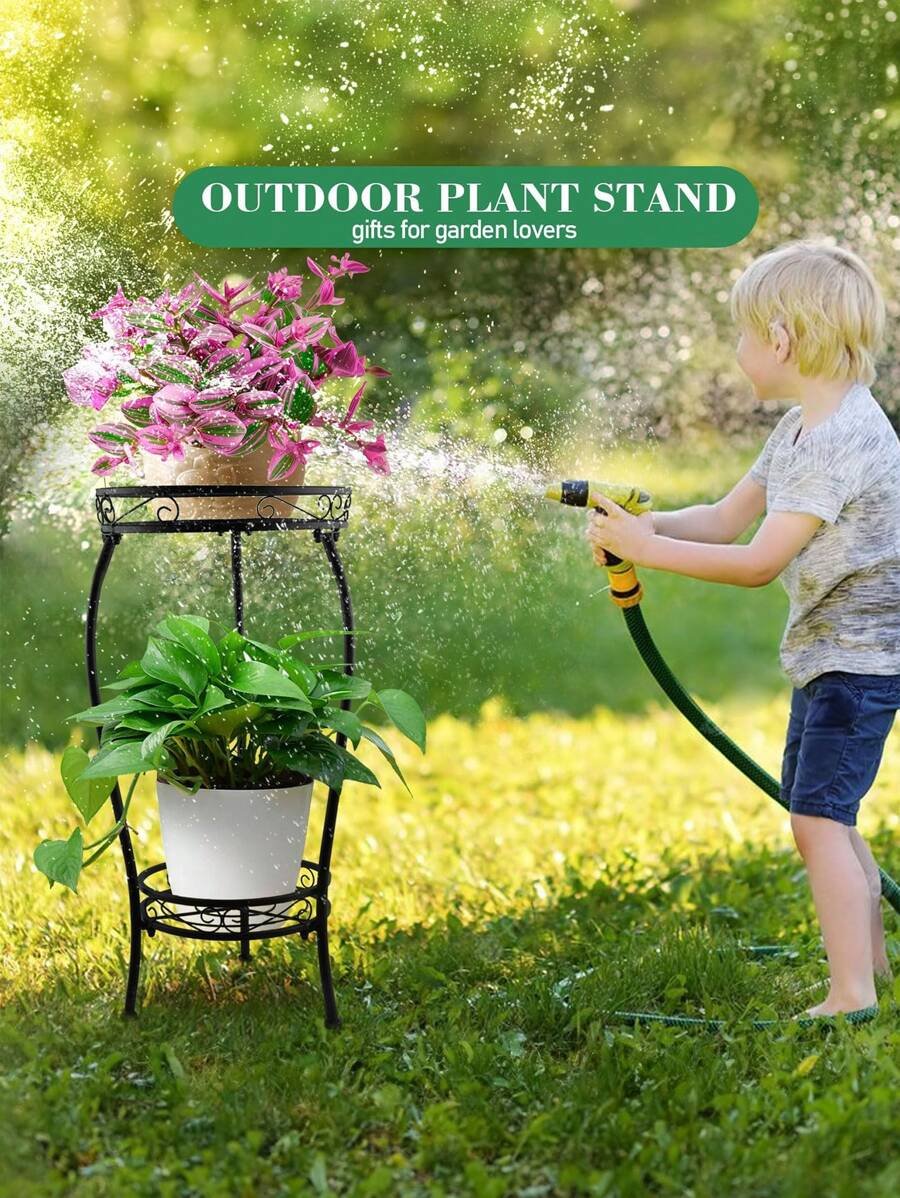 1 paquete de soporte para plantas para interior y exterior, soporte para plantas de metal negro resistente a la oxidación de 2 niveles alto, estante resistente para múltiples plantas, soporte para macetas de flores, estantería redonda resistente para plantas - Imagen 7