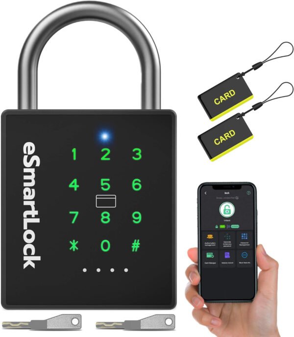 eLinkSmart Candado inteligente resistente con llave, bloqueo de almohadilla con teclado de código, resistente a la intemperie, Bluetooth RFID, cerradura electrónica de combinación digital sin llave