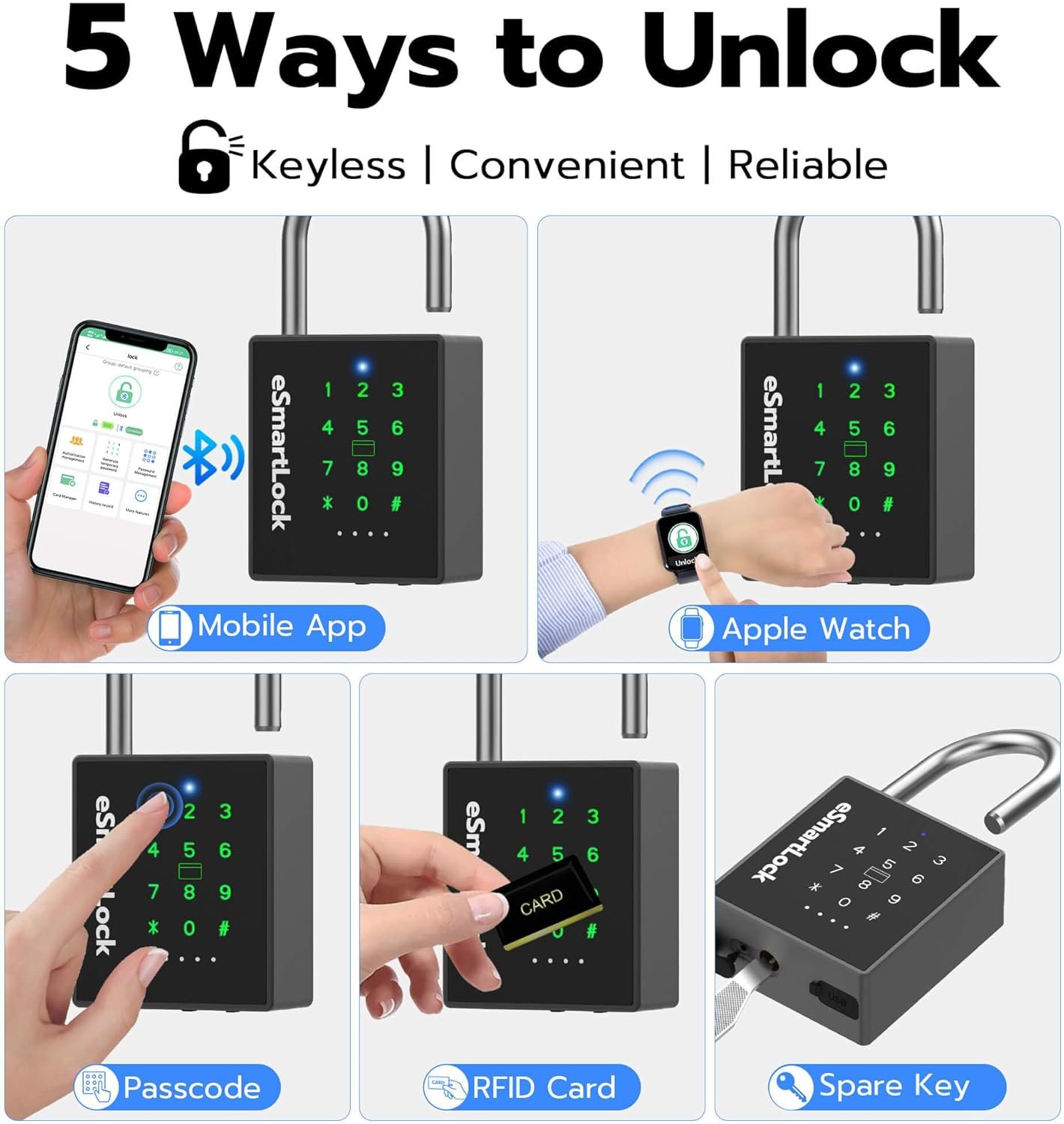 eLinkSmart Candado inteligente resistente con llave, bloqueo de almohadilla con teclado de código, resistente a la intemperie, Bluetooth RFID, cerradura electrónica de combinación digital sin llave - Imagen 3