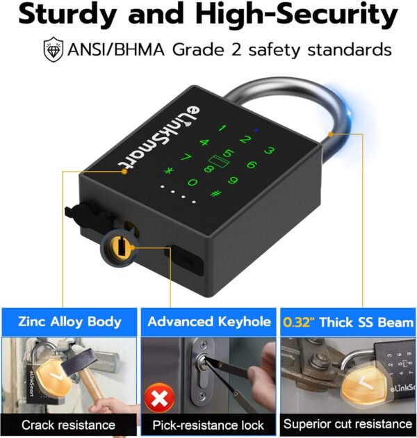 eLinkSmart Candado inteligente resistente con llave, bloqueo de almohadilla con teclado de código, resistente a la intemperie, Bluetooth RFID, cerradura electrónica de combinación digital sin llave - Imagen 4