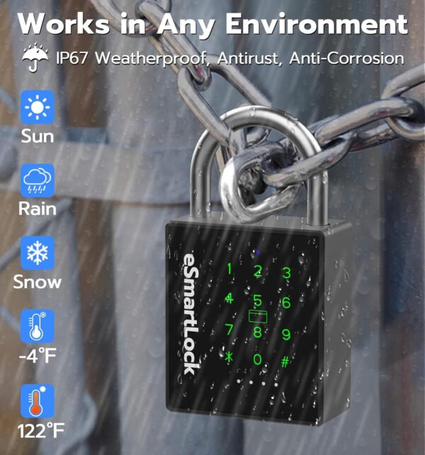 eLinkSmart Candado inteligente resistente con llave, bloqueo de almohadilla con teclado de código, resistente a la intemperie, Bluetooth RFID, cerradura electrónica de combinación digital sin llave - Imagen 5