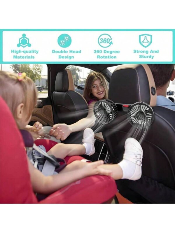 El ventilador para coche es apto para el asiento trasero. Es un ventilador USB de doble cabezal con 3 velocidades de viento potente y un ventilador para reposacabezas trasero giratorio de 360°. Es un ventilador de circulación de aire con clip ajustable, apto para todos los modelos. - Imagen 3