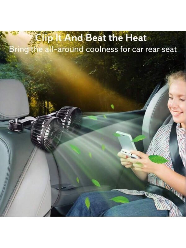 El ventilador para coche es apto para el asiento trasero. Es un ventilador USB de doble cabezal con 3 velocidades de viento potente y un ventilador para reposacabezas trasero giratorio de 360°. Es un ventilador de circulación de aire con clip ajustable, apto para todos los modelos. - Imagen 4