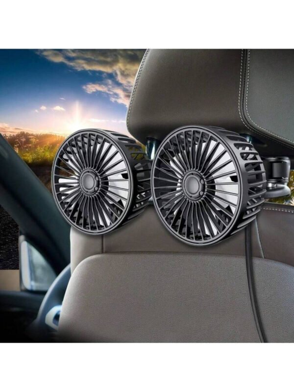 El ventilador para coche es apto para el asiento trasero. Es un ventilador USB de doble cabezal con 3 velocidades de viento potente y un ventilador para reposacabezas trasero giratorio de 360°. Es un ventilador de circulación de aire con clip ajustable, apto para todos los modelos. - Imagen 5