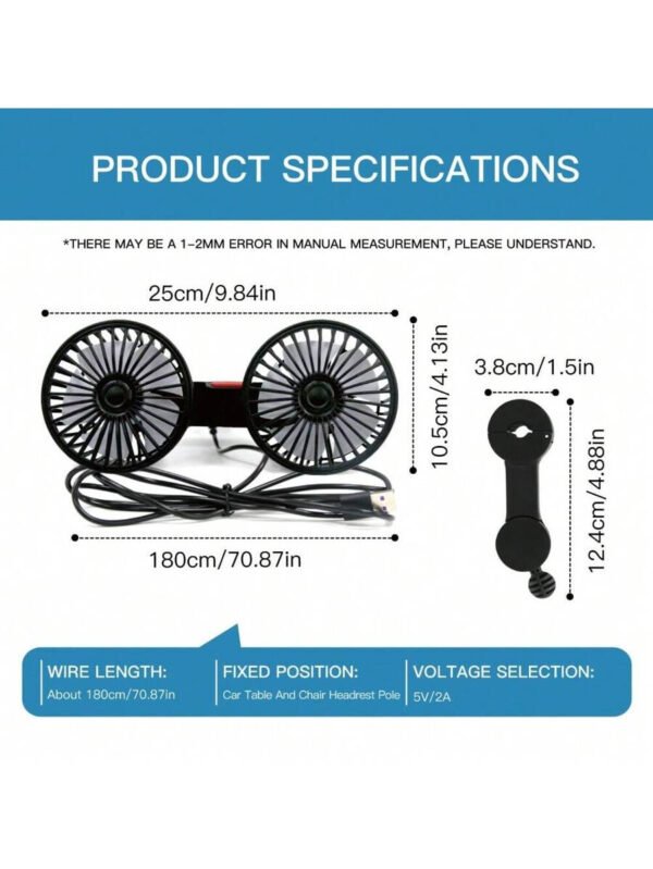 El ventilador para coche es apto para el asiento trasero. Es un ventilador USB de doble cabezal con 3 velocidades de viento potente y un ventilador para reposacabezas trasero giratorio de 360°. Es un ventilador de circulación de aire con clip ajustable, apto para todos los modelos. - Imagen 7