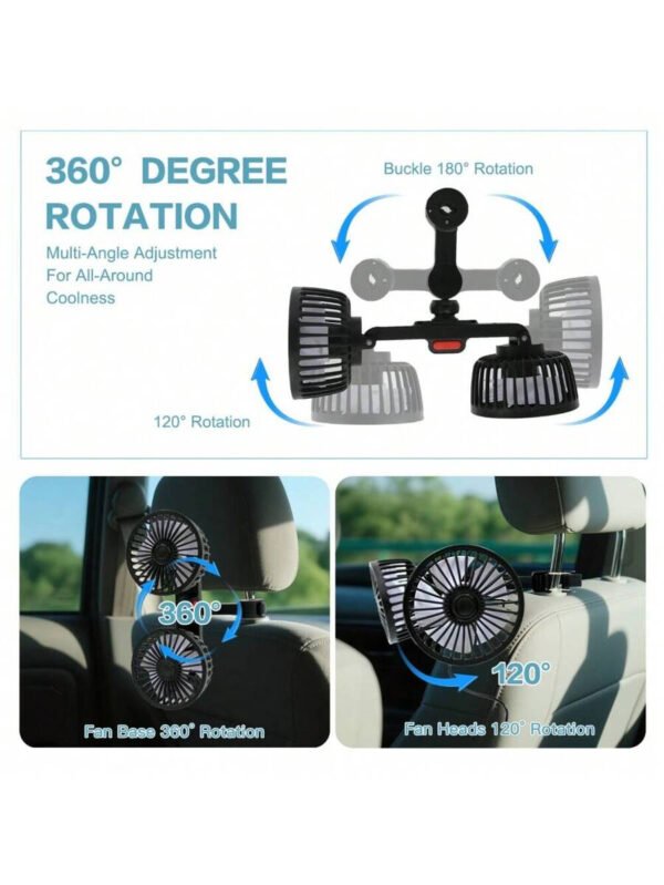 El ventilador para coche es apto para el asiento trasero. Es un ventilador USB de doble cabezal con 3 velocidades de viento potente y un ventilador para reposacabezas trasero giratorio de 360°. Es un ventilador de circulación de aire con clip ajustable, apto para todos los modelos. - Imagen 8