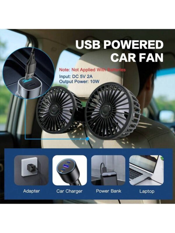 El ventilador para coche es apto para el asiento trasero. Es un ventilador USB de doble cabezal con 3 velocidades de viento potente y un ventilador para reposacabezas trasero giratorio de 360°. Es un ventilador de circulación de aire con clip ajustable, apto para todos los modelos. - Imagen 9