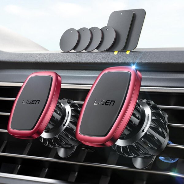 LISEN - Paquete de 2 soportes magnéticos para teléfono de automóvil, 6 imanes militares, soporte para teléfono de automóvil, soporte de ventilación manos libres, soporte para teléfono celular para automóvil, 6 placas de metal para todos los iPhone 14/13/12/11, Pro, Pro Max, Android - Imagen 9