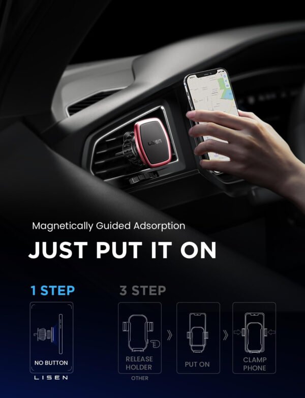 LISEN - Paquete de 2 soportes magnéticos para teléfono de automóvil, 6 imanes militares, soporte para teléfono de automóvil, soporte de ventilación manos libres, soporte para teléfono celular para automóvil, 6 placas de metal para todos los iPhone 14/13/12/11, Pro, Pro Max, Android - Imagen 12