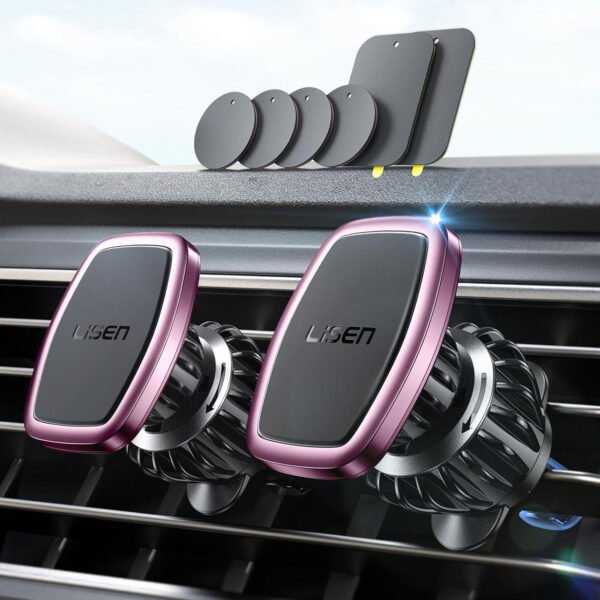 LISEN - Paquete de 2 soportes magnéticos para teléfono de automóvil, 6 imanes militares, soporte para teléfono de automóvil, soporte de ventilación manos libres, soporte para teléfono celular para automóvil, 6 placas de metal para todos los iPhone 14/13/12/11, Pro, Pro Max, Android - Imagen 18