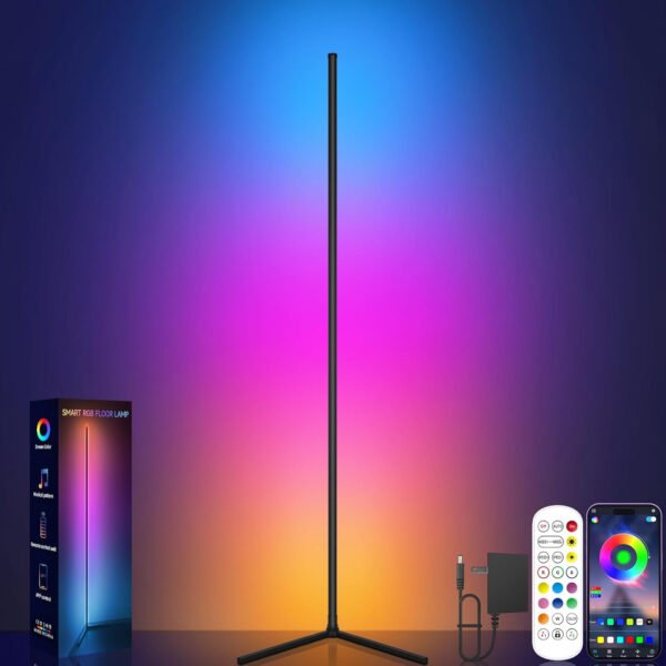 Lámpara de pie de esquina, lámpara de esquina LED RGB con sincronización de música, aplicación inteligente y control remoto, luz ambiental que cambia de color, lámpara LED con 16 millones de