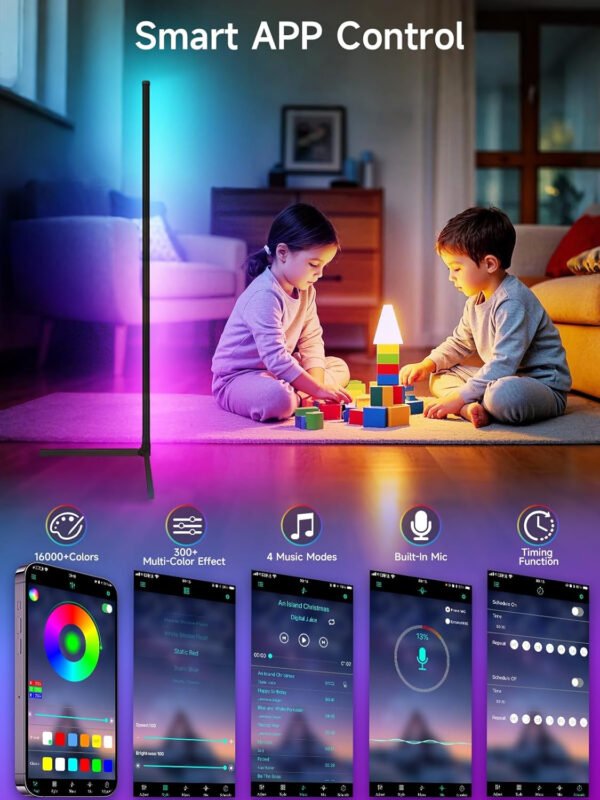 Lámpara de pie de esquina, lámpara de esquina LED RGB con sincronización de música, aplicación inteligente y control remoto, luz ambiental que cambia de color, lámpara LED con 16 millones de - Imagen 3