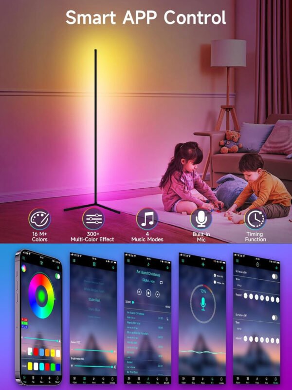 Lámpara de pie de esquina, lámpara de esquina LED RGB con sincronización de música, aplicación inteligente y control remoto, luz ambiental que cambia de color, lámpara LED con 16 millones de - Imagen 11