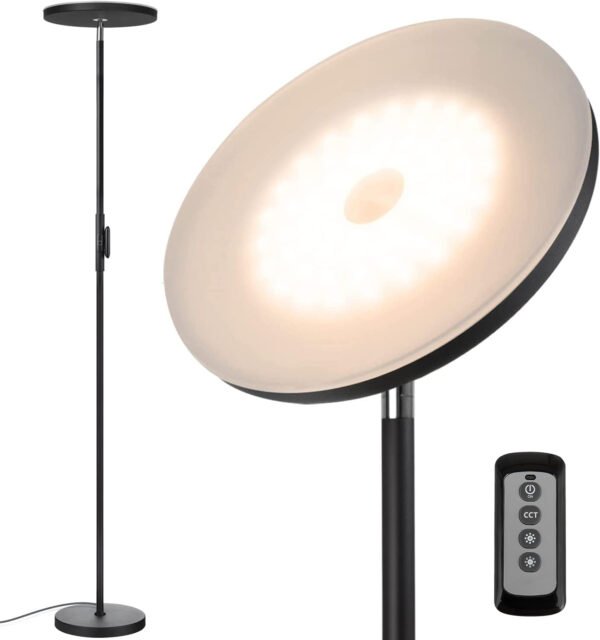 JOOFO Lámpara de pie, 30 W/2400 lm, luz LED cielo, moderna, 3 temperaturas de color, súper brillante, luz de poste alto con control remoto y táctil para sala de estar, dormitorio, oficina (negro)