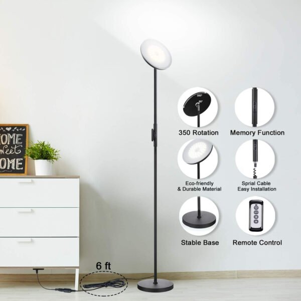JOOFO Lámpara de pie, 30 W/2400 lm, luz LED cielo, moderna, 3 temperaturas de color, súper brillante, luz de poste alto con control remoto y táctil para sala de estar, dormitorio, oficina (negro) - Imagen 6