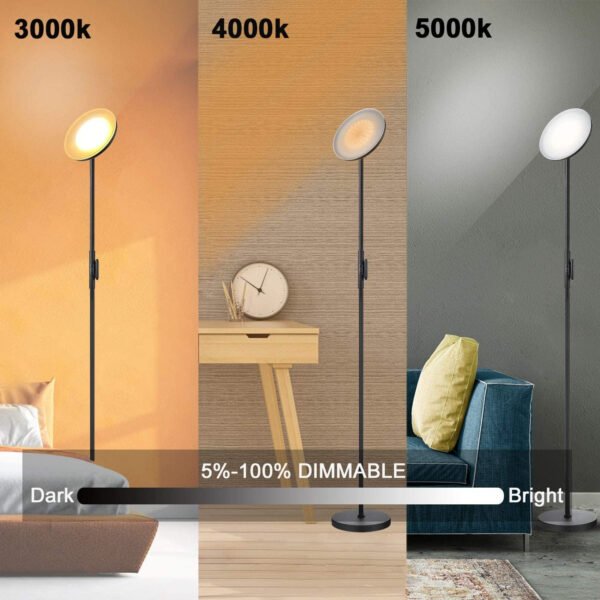 JOOFO Lámpara de pie, 30 W/2400 lm, luz LED cielo, moderna, 3 temperaturas de color, súper brillante, luz de poste alto con control remoto y táctil para sala de estar, dormitorio, oficina (negro) - Imagen 7