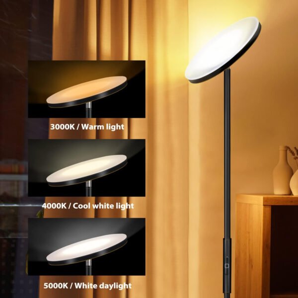 JOOFO Lámpara de pie, 30 W/2400 lm, luz LED cielo, moderna, 3 temperaturas de color, súper brillante, luz de poste alto con control remoto y táctil para sala de estar, dormitorio, oficina (negro) - Imagen 13