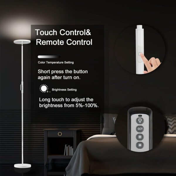 JOOFO Lámpara de pie, 30 W/2400 lm, luz LED cielo, moderna, 3 temperaturas de color, súper brillante, luz de poste alto con control remoto y táctil para sala de estar, dormitorio, oficina (negro) - Imagen 30