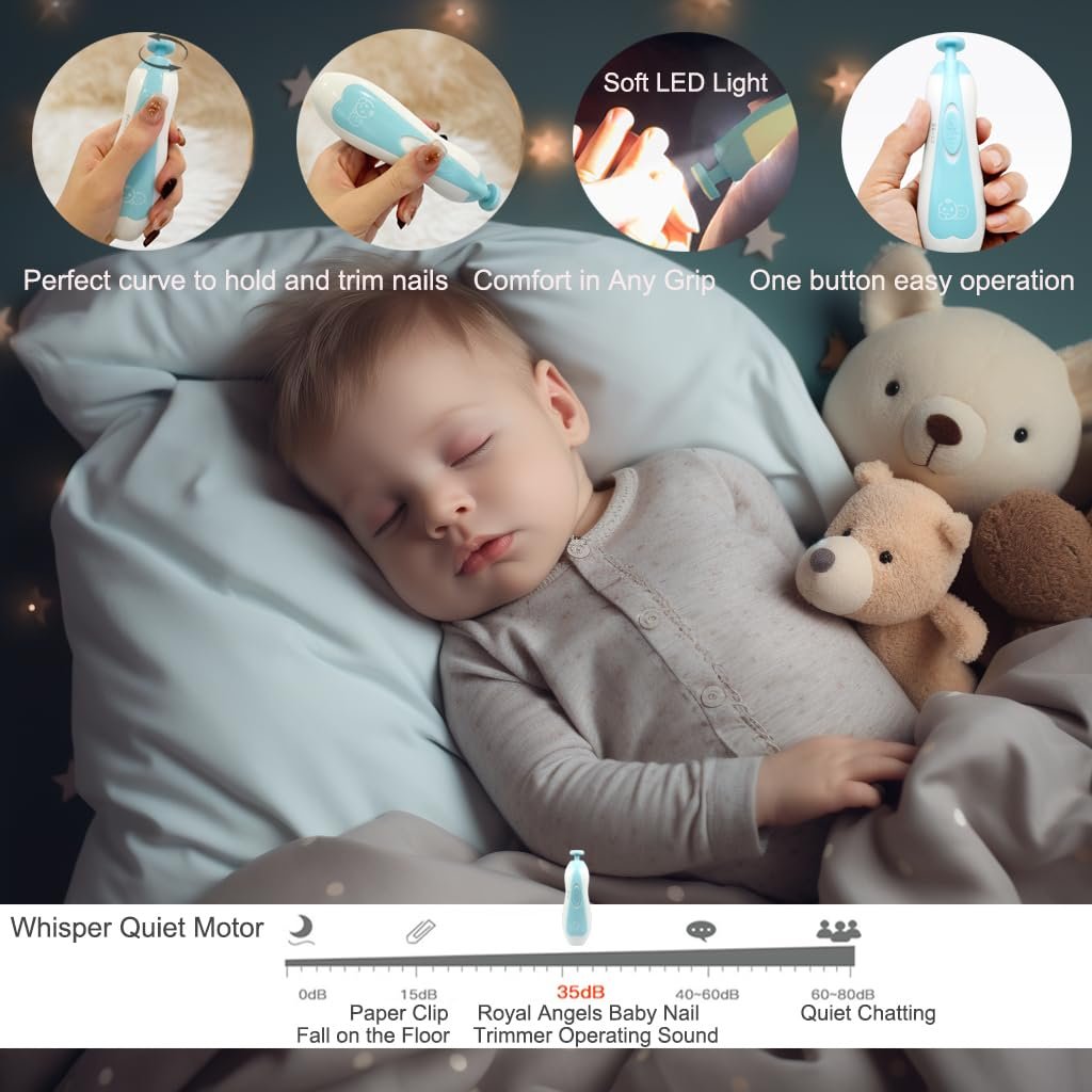 Royal Angels - Juego de cortaúñas 20 en 1 para bebé, lima eléctrica de uñas segura con cabezales de repuesto para pies y manos de bebés recién nacidos y niños pequeños, lima y pule (azul) - Imagen 2