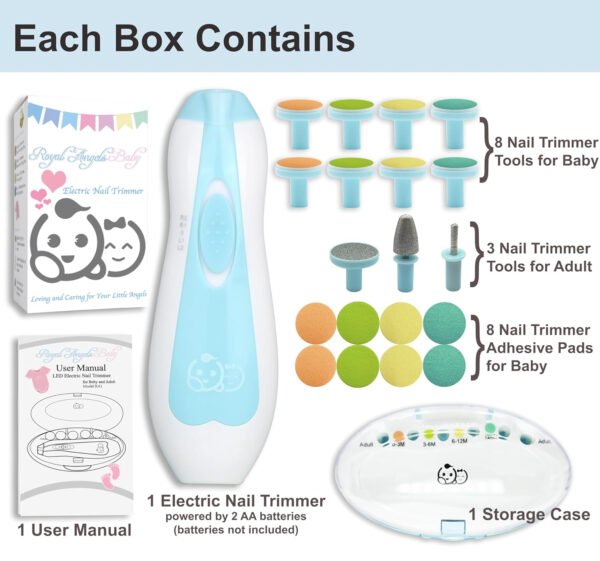 Royal Angels - Juego de cortaúñas 20 en 1 para bebé, lima eléctrica de uñas segura con cabezales de repuesto para pies y manos de bebés recién nacidos y niños pequeños, lima y pule (azul) - Imagen 5