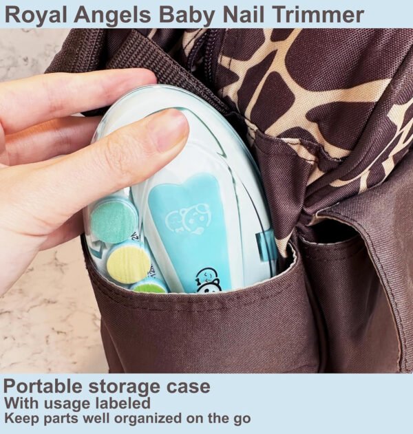 Royal Angels - Juego de cortaúñas 20 en 1 para bebé, lima eléctrica de uñas segura con cabezales de repuesto para pies y manos de bebés recién nacidos y niños pequeños, lima y pule (azul) - Imagen 6