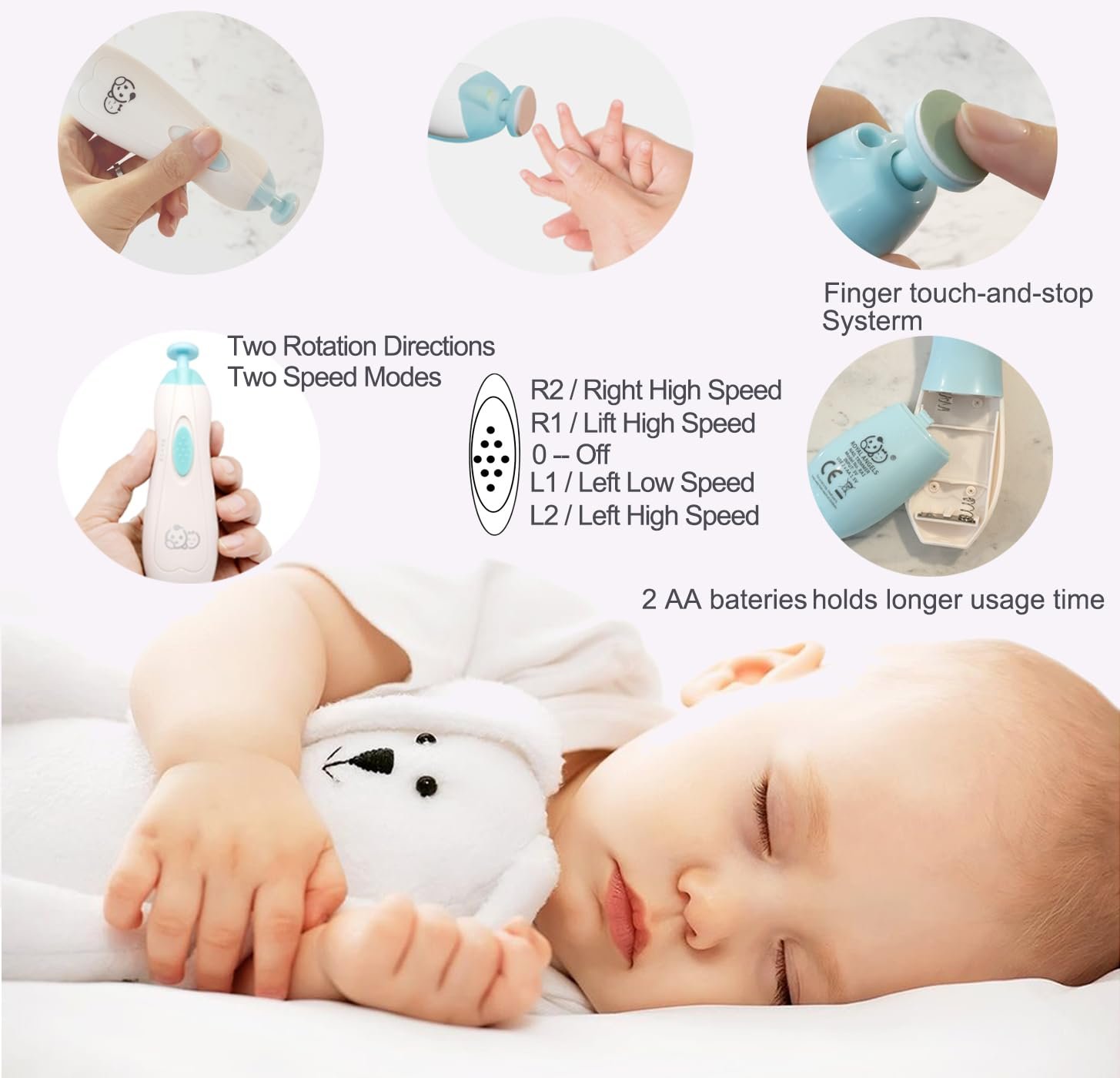 Royal Angels - Juego de cortaúñas 20 en 1 para bebé, lima eléctrica de uñas segura con cabezales de repuesto para pies y manos de bebés recién nacidos y niños pequeños, lima y pule (azul) - Imagen 7