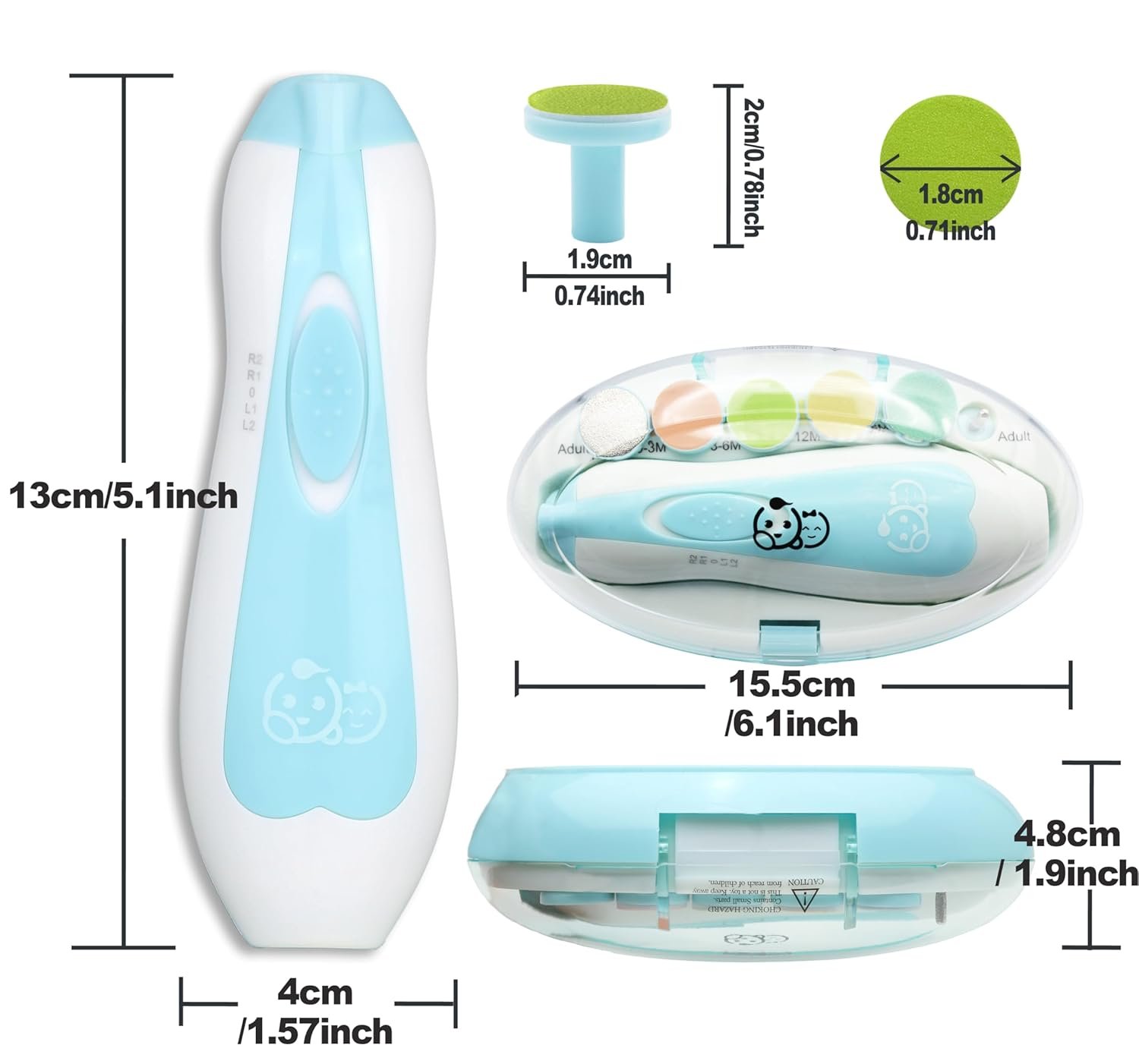 Royal Angels - Juego de cortaúñas 20 en 1 para bebé, lima eléctrica de uñas segura con cabezales de repuesto para pies y manos de bebés recién nacidos y niños pequeños, lima y pule (azul) - Imagen 10