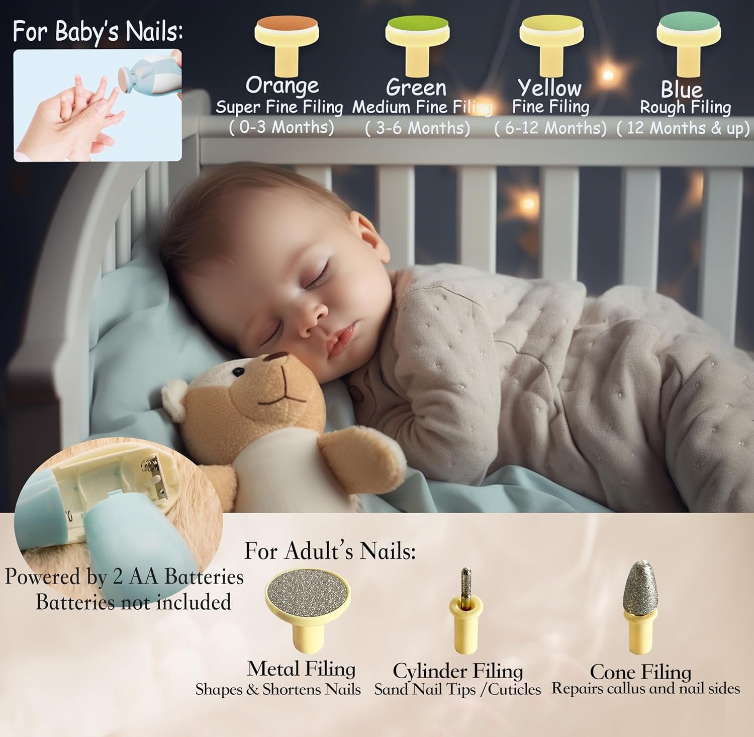 Royal Angels - Juego de cortaúñas 20 en 1 para bebé, lima eléctrica de uñas segura con cabezales de repuesto para pies y manos de bebés recién nacidos y niños pequeños, lima y pule (azul) - Imagen 11