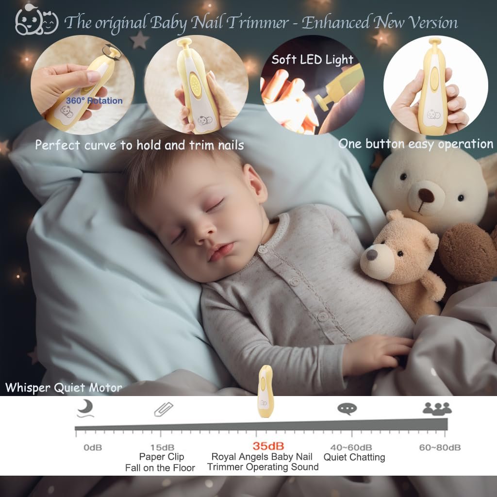 Royal Angels - Juego de cortaúñas 20 en 1 para bebé, lima eléctrica de uñas segura con cabezales de repuesto para pies y manos de bebés recién nacidos y niños pequeños, lima y pule (azul) - Imagen 13