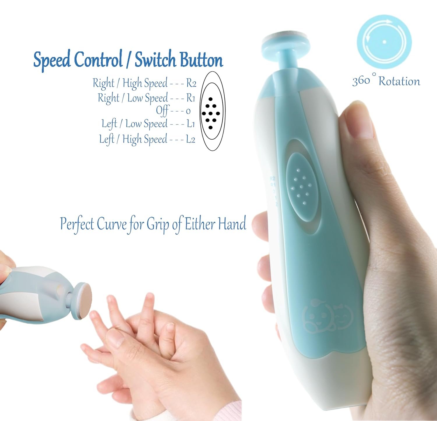 Royal Angels - Juego de cortaúñas 20 en 1 para bebé, lima eléctrica de uñas segura con cabezales de repuesto para pies y manos de bebés recién nacidos y niños pequeños, lima y pule (azul) - Imagen 16
