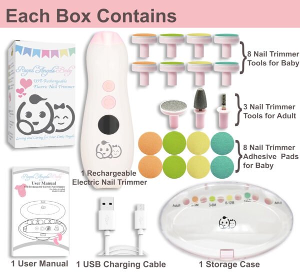 Royal Angels - Juego de cortaúñas 20 en 1 para bebé, lima eléctrica de uñas segura con cabezales de repuesto para pies y manos de bebés recién nacidos y niños pequeños, lima y pule (azul) - Imagen 22
