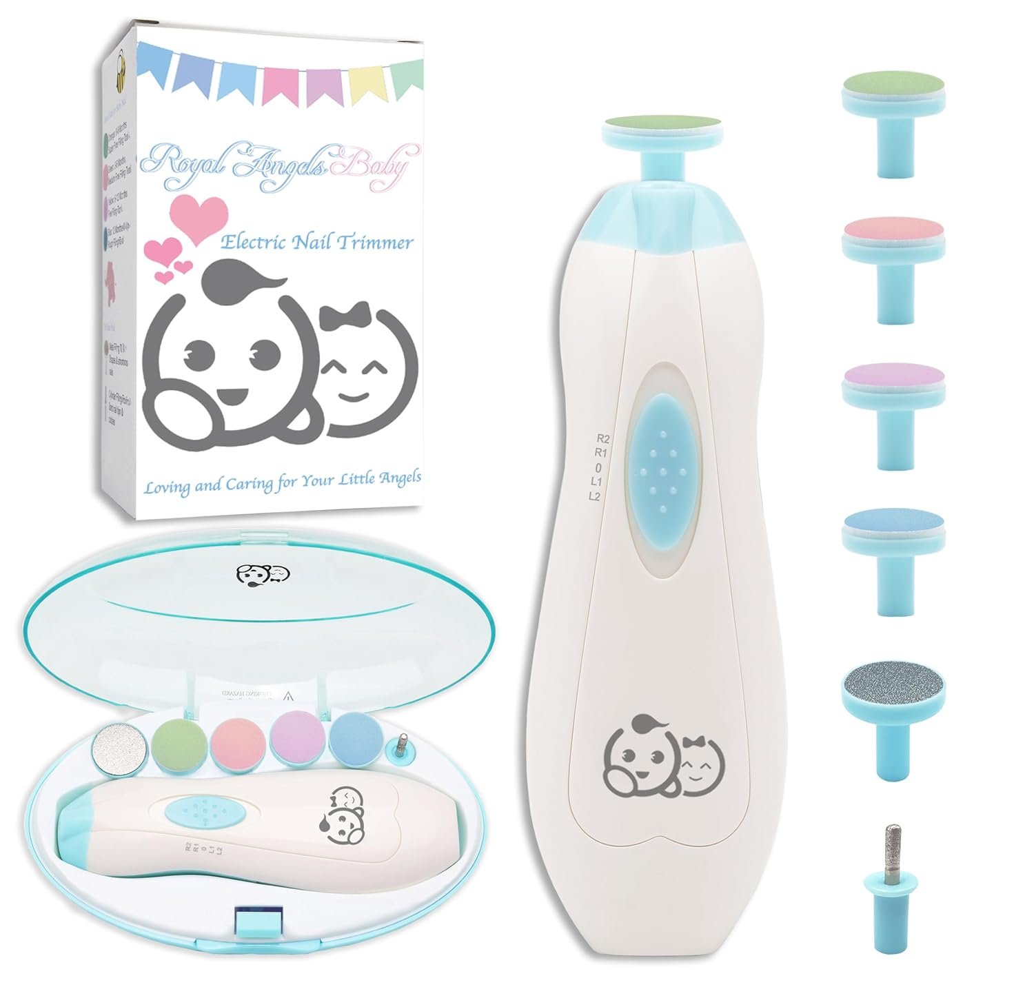 Royal Angels - Juego de cortaúñas 20 en 1 para bebé, lima eléctrica de uñas segura con cabezales de repuesto para pies y manos de bebés recién nacidos y niños pequeños, lima y pule (azul) - Imagen 31