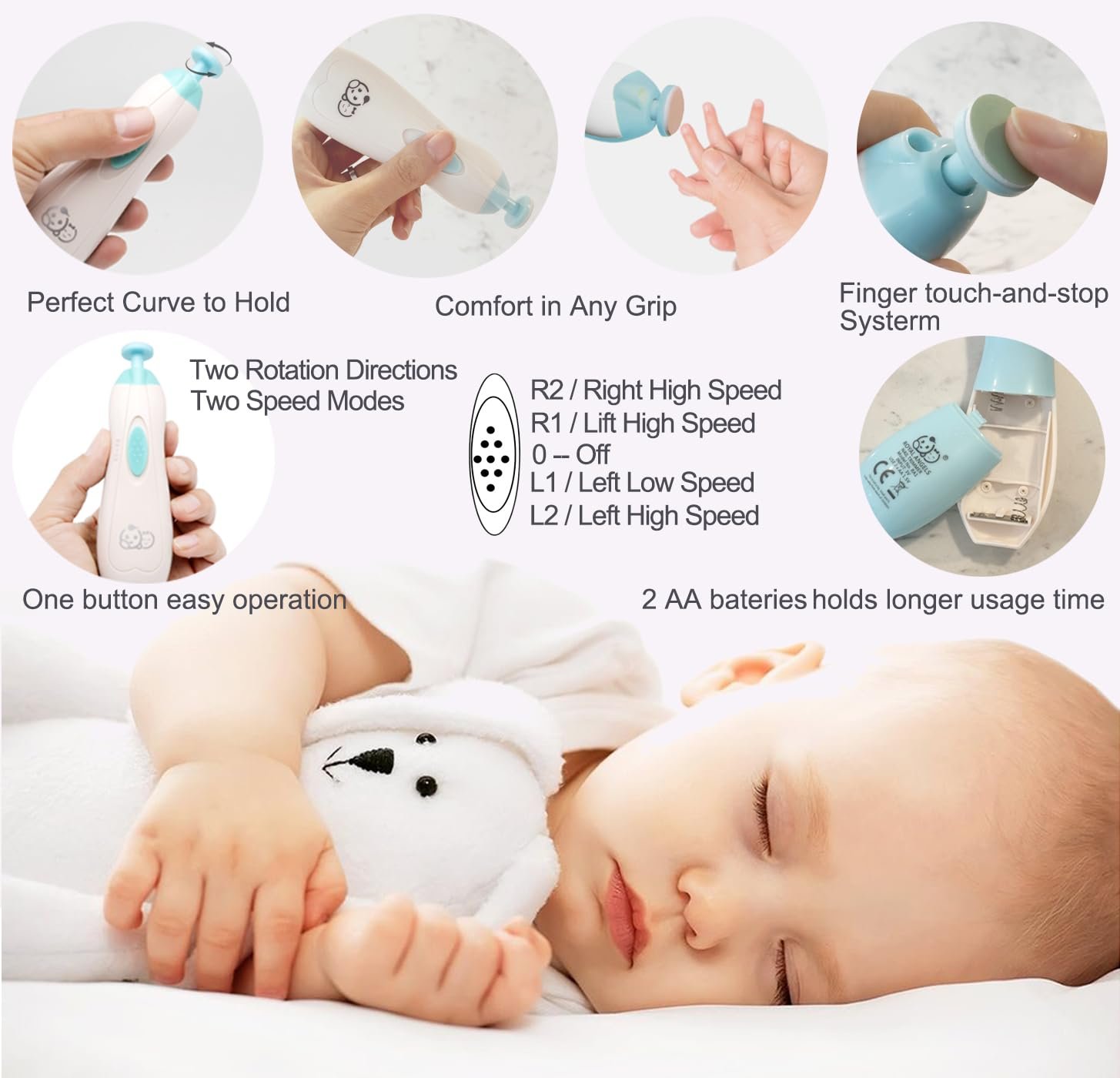 Royal Angels - Juego de cortaúñas 20 en 1 para bebé, lima eléctrica de uñas segura con cabezales de repuesto para pies y manos de bebés recién nacidos y niños pequeños, lima y pule (azul) - Imagen 33