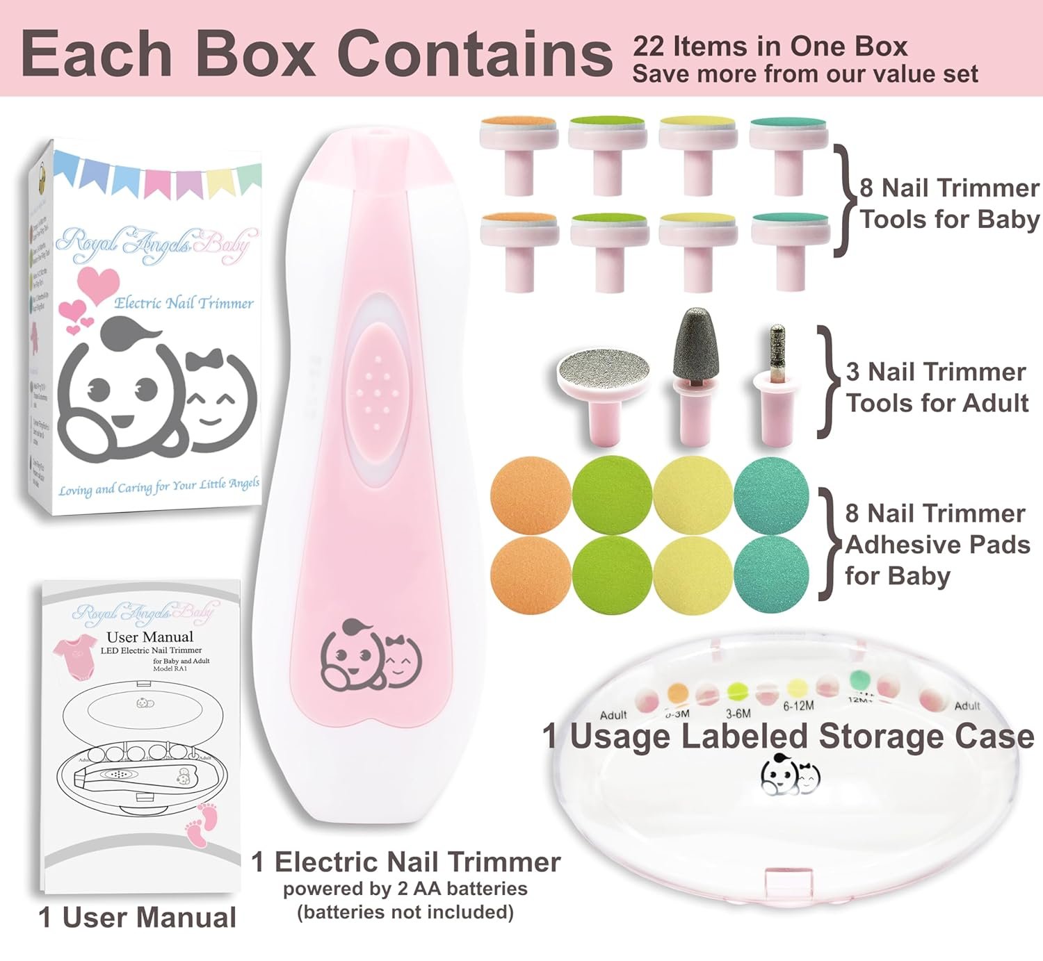 Royal Angels - Juego de cortaúñas 20 en 1 para bebé, lima eléctrica de uñas segura con cabezales de repuesto para pies y manos de bebés recién nacidos y niños pequeños, lima y pule (azul) - Imagen 49