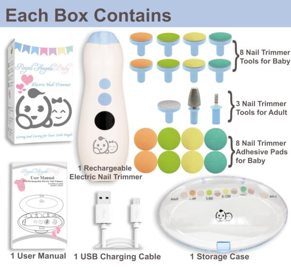 Royal Angels - Juego de cortaúñas 20 en 1 para bebé, lima eléctrica de uñas segura con cabezales de repuesto para pies y manos de bebés recién nacidos y niños pequeños, lima y pule (azul) - Imagen 56
