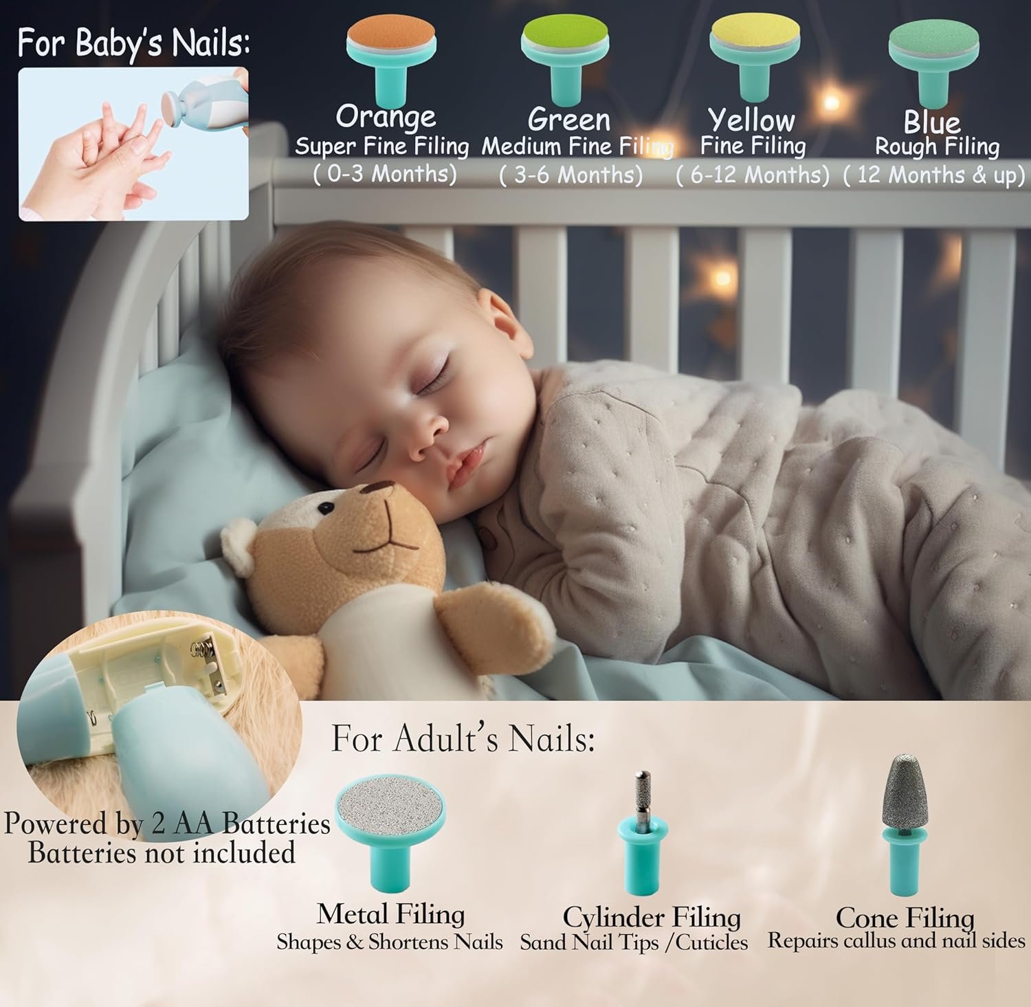 Royal Angels - Juego de cortaúñas 20 en 1 para bebé, lima eléctrica de uñas segura con cabezales de repuesto para pies y manos de bebés recién nacidos y niños pequeños, lima y pule (azul) - Imagen 59