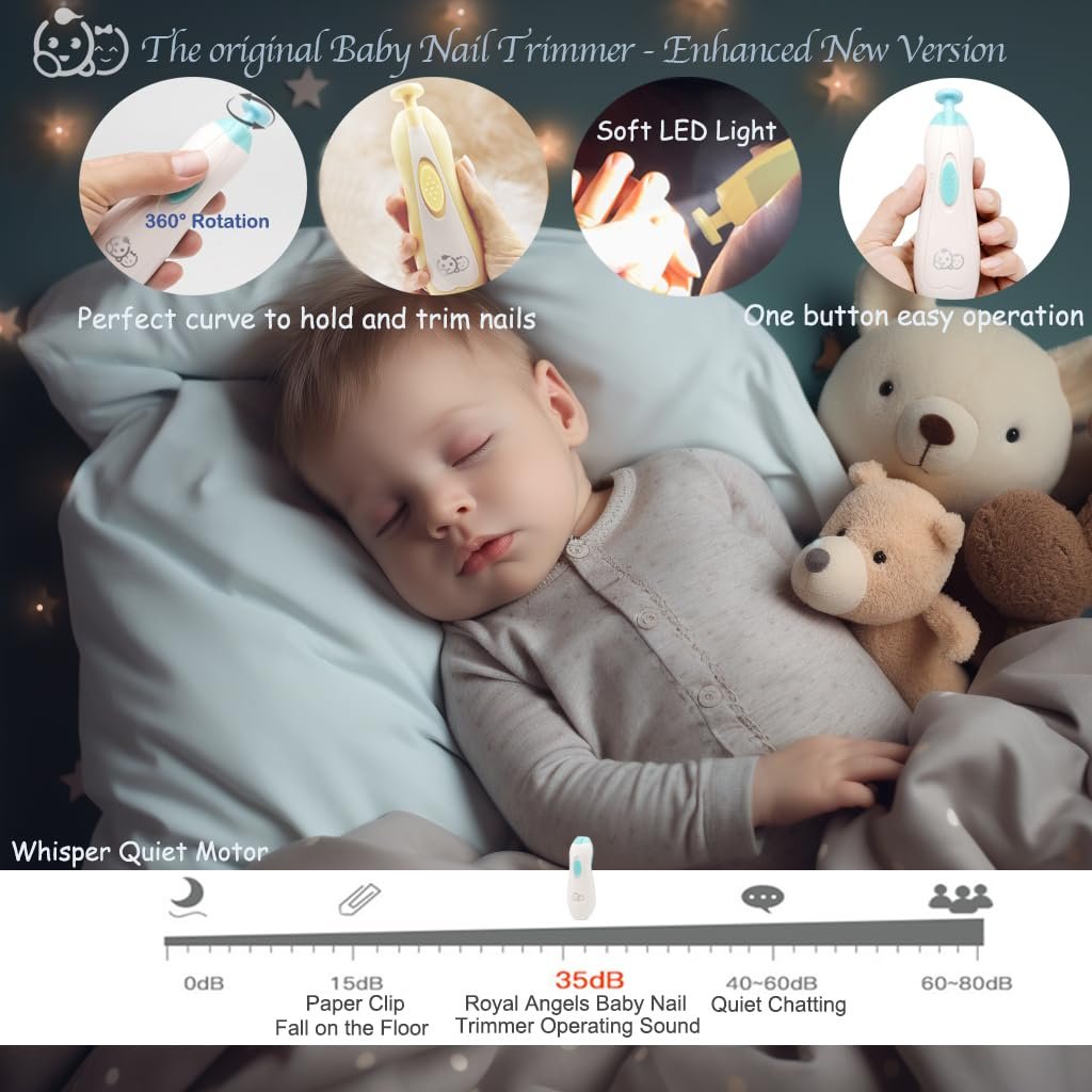 Royal Angels - Juego de cortaúñas 20 en 1 para bebé, lima eléctrica de uñas segura con cabezales de repuesto para pies y manos de bebés recién nacidos y niños pequeños, lima y pule (azul) - Imagen 61