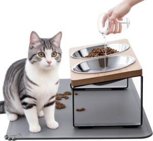 Cuencos elevados mejorados para gatos con tapete para alimentos, soporte inclinado de 15 °, platos elevados para gatos y agua, 2 cuencos de acero inoxidable para gatos y cachorros