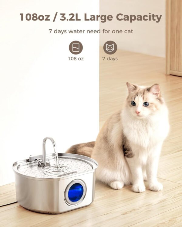 Fuente de agua para gatos de acero inoxidable: fuente para gatos de 108 oz/3.2 L para beber, fuente de agua para mascotas para gatos en el interior, tazón dispensador automático de agua para gatos, - Imagen 3