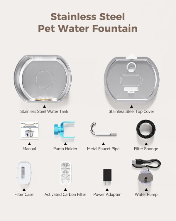 Fuente de agua para gatos de acero inoxidable: fuente para gatos de 108 oz/3.2 L para beber, fuente de agua para mascotas para gatos en el interior, tazón dispensador automático de agua para gatos, - Imagen 9