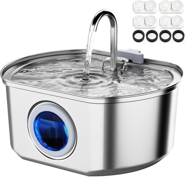 Fuente de agua para gatos de acero inoxidable: fuente para gatos de 108 oz/3.2 L para beber, fuente de agua para mascotas para gatos en el interior, tazón dispensador automático de agua para gatos, - Imagen 11