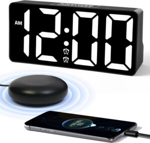 Reloj despertador para dormitorio con agitador de cama y luz nocturna, reloj digital con vibración, dígitos LED regulables grandes con alarma dual y puerto de carga, reloj de mesa para personas mayores con discapacidad auditiva