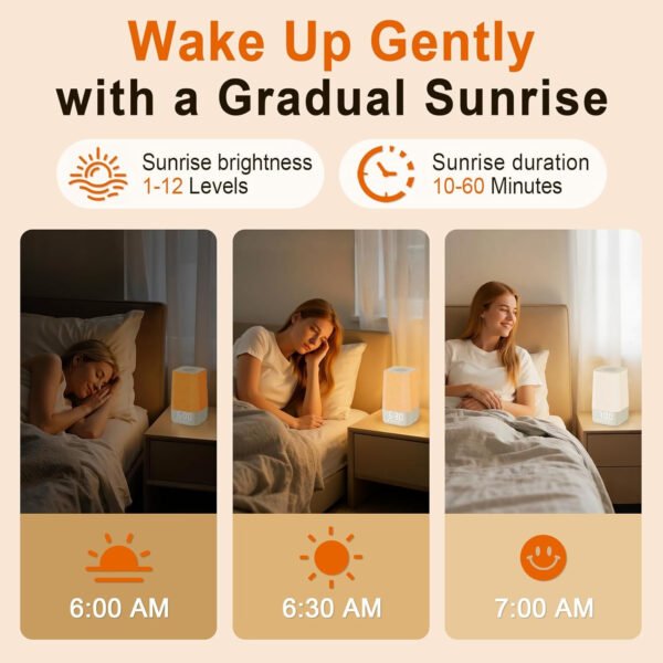 Reloj despertador Sunrise: con máquina de ruido, reloj despertador digital para dormitorios, sonidos naturales para despertar suave, 30 sonidos de sueño, brillo y volumen ajustables - Imagen 10