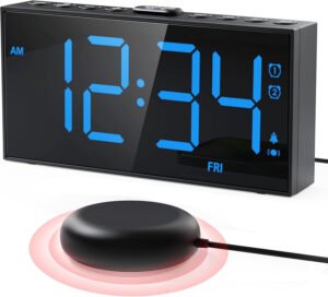 PPLEE Reloj despertador fuerte con agitador de cama, despertador vibratorio para personas con problemas auditivos sordos, 2 alarmas de vibración de 3 niveles para modo día laboral/diario, 5