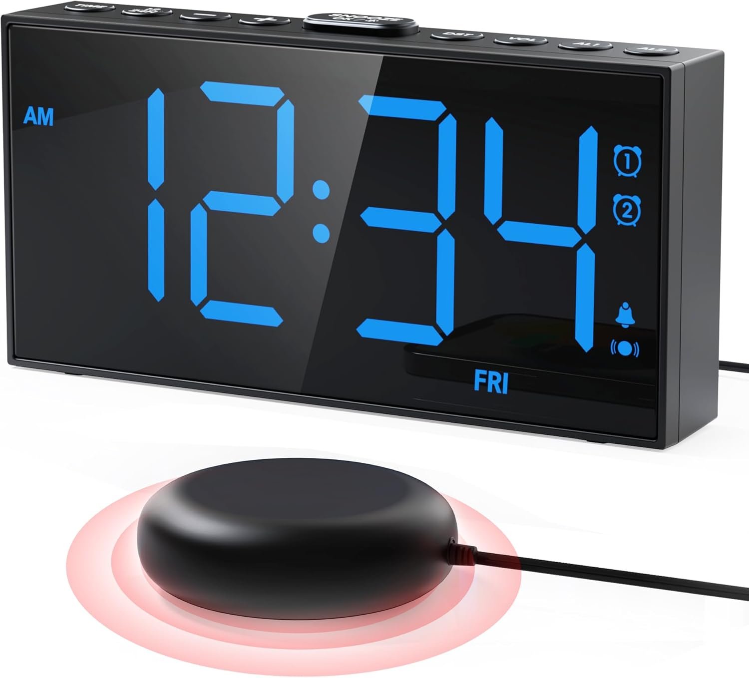 PPLEE Reloj despertador fuerte con agitador de cama, despertador vibratorio para personas con problemas auditivos sordos, 2 alarmas de vibración de 3 niveles para modo día laboral/diario, 5