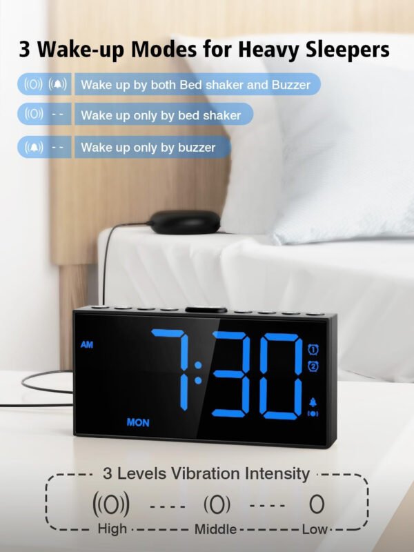PPLEE Reloj despertador fuerte con agitador de cama, despertador vibratorio para personas con problemas auditivos sordos, 2 alarmas de vibración de 3 niveles para modo día laboral/diario, 5 - Imagen 2